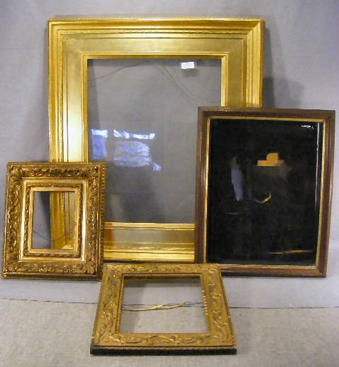 Lot of 4 frames, walnut shadow box, large contempo: Lot of 4 frames, walnut shadow box, large contemporary frame 16" X 21" opening, antique frame with 6" X 8" opening and print frame with loss.