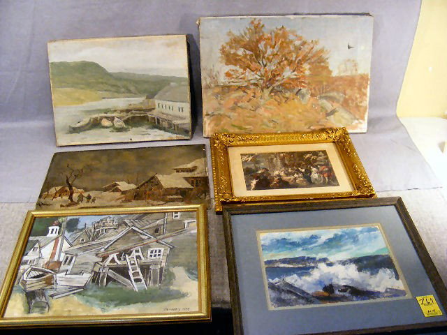 Lot of art including two oil paintings on canvas f: Lot of art including two oil paintings on canvas from the estate of Helen Dumond, signed Stenbery watercolor, painting signed Charles Saltsman and primitive winter scene on artist board