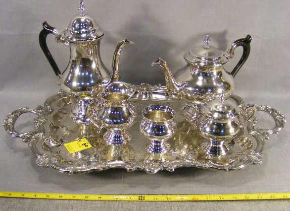Silver plated tea set, very good quality and: Silver plated tea set, very good quality and condition, made in India, non-matching plated tray. Tray measures 26" handle to handle