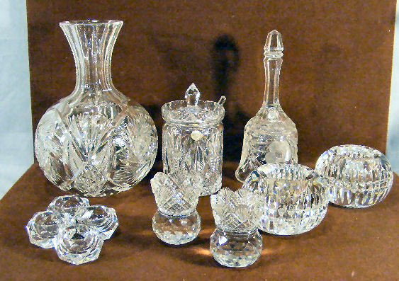 Lot of misc. cut glass including brilliant period : Lot of misc. cut glass including brilliant period water carafe, toothpick holders, Czech. Jar, candle holders, salts & bell