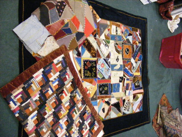 Quilt lot including, 58.5" X 4" quilt, crazy quil: Quilt lot including, 58.5" X 4" quilt, crazy quilt cover in excellent condition 82" X 58" and 19th century memory quilt with pieces dated in the 1890's. Fire dept., souvenir , League of American Wheel