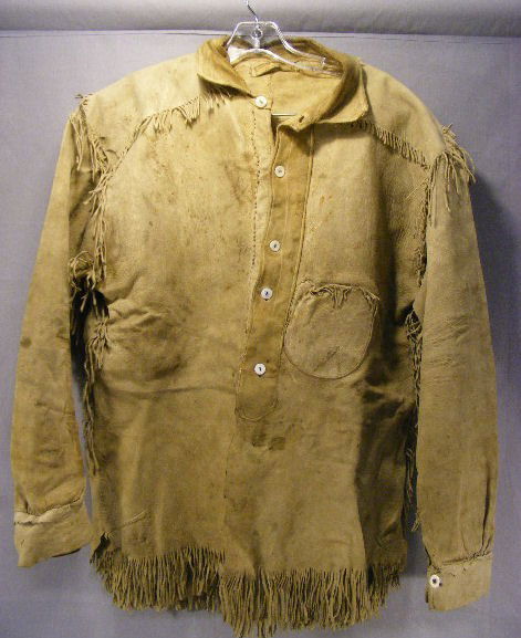 Fringed hide Native American shirt, 29" long, sta: Fringed hide Native American shirt, 29" long, stains