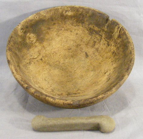 Native American stone tool together with burl bow: Native American stone tool together with burl bowl, initialed on side