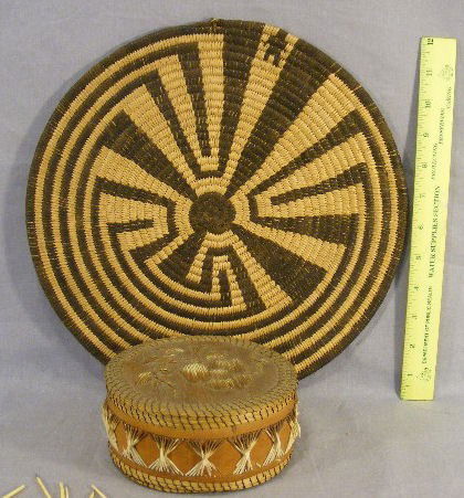 Native American bark box decorated with porcupine: Native American bark box decorated with porcupine quills, very minor damage, together with 12" woven grass mat and several porcupine quills