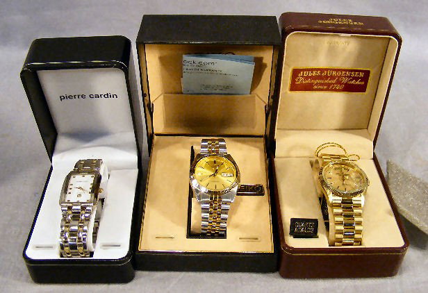 Lot of three wristwatches, new in boxes, Pierre C: Lot of three wristwatches, new in boxes, Pierre Cardin, Seiko and Jules Jurgensen
