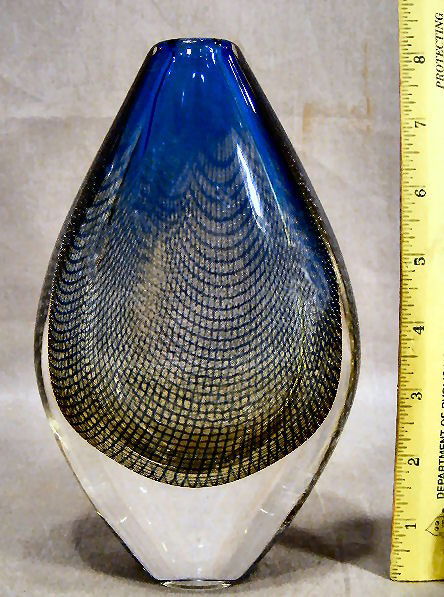 Signed Orrefors 8" vase, lattice: Signed Orrefors 8" vase, lattice, a couple small light scratches on the sides and one pin point flick (last photo)