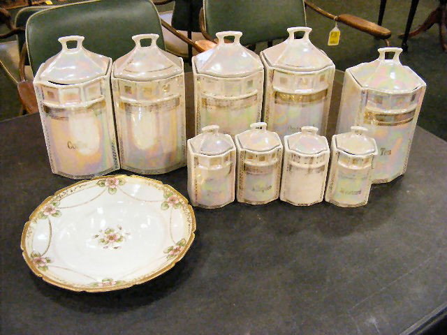 German luster partial canister set, some damage a: German luster partial canister set, some damage and Nippon plate