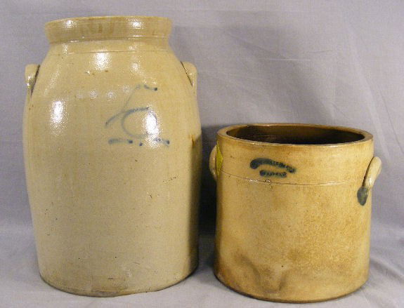 Two pieces of antique stoneware, 6 gal. jar and t: Two pieces of antique stoneware, 6 gal. jar and two gallon crock Webster, Hartford, stained, tight hairlines