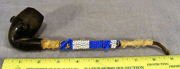 Southwest Native American pipe, carved bowl, bead: Southwest Native American pipe, carved bowl, beads on stem, metal bit