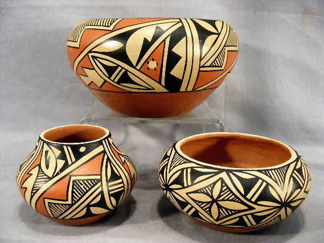 Three pieces Jemez Native American polychrome pot: Three pieces Jemez Native American polychrome pottery artist signed
