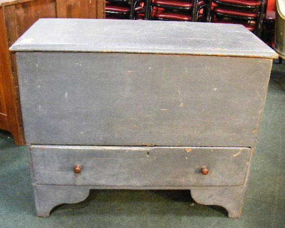 Antique blanket chest, old blue paint over red pa: Antique blanket chest, old blue paint over red paint, champhered draw bottom, 41.5" long, 19.5" wide and 32" high