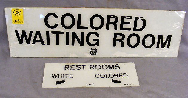 Mississippi Central Railroad "Colored Waiting Roo: Mississippi Central Railroad "Colored Waiting Room" sign on glass 24" X 7" and White and Colored Rest Room signs, 12" X 4" on glass