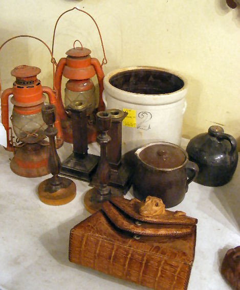 Misc. lot including lanterns, pottery, Griswold f: Misc. lot including lanterns, pottery, Griswold frying pans, match holder, iron dog, desk pen set, etc.