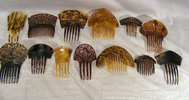 Lot of 13 celluloid and tortoise shell hair combs,: Lot of 13 celluloid and tortoise shell hair combs, four in last photo have some damage