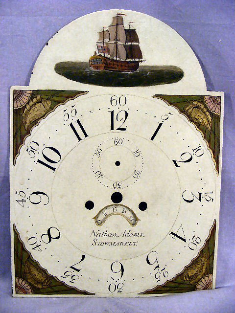 Antique iron tall case clock face, 18" high, 13' : Antique iron tall case clock face, 18" high, 13' wide, Nathan Adams Stowmarket