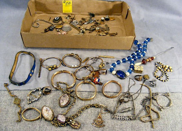 Lot of misc. costume jewelry, G.F. bracelets & be: Lot of misc. costume jewelry, G.F. bracelets & beads, medal, pill boxes, etc.