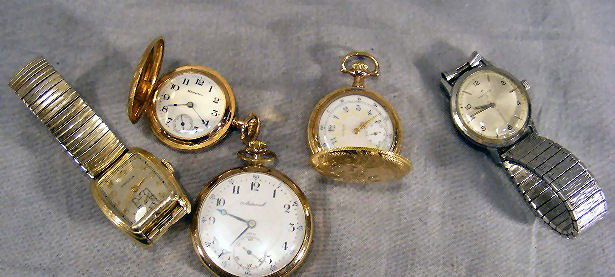 Pocket watches & men's wristwatches. 2 hunter cas: Pocket watches & men's wristwatches. 2 hunter case pocket watches - Elgin & Hampden. Admiral pocket watch. 2 Hamilton wristwatches.