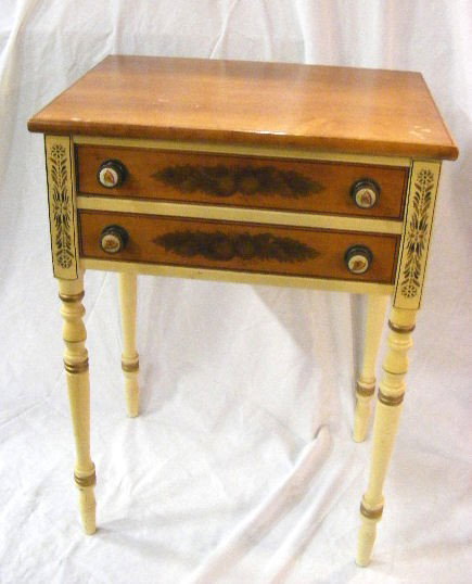 Hitchcock nightstand, 2 drawers. Finish damage to: Hitchcock nightstand, 2 drawers. Finish damage to top, 21" x 16" x 29" tall