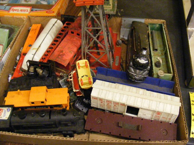 Train lot, American Flyer train. Cars, transforme: Train lot, American Flyer train. Cars, transformer, tracks, buildings, light tower, tunnel, Little Lady Tea set by Jamar.