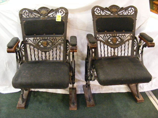 Two Victorian cast iron theater seats, one break: Two Victorian cast iron theater seats, one break on back pictured