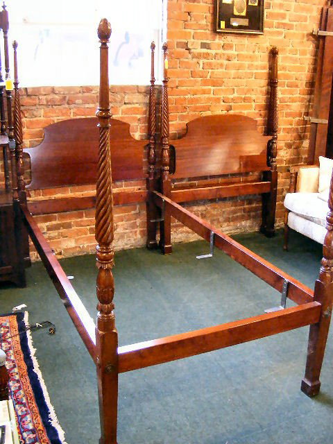 Pair of mahogany tall post twin beds, ornate carv: Pair of mahogany tall post twin beds, ornate carvings, 64" high to top of post