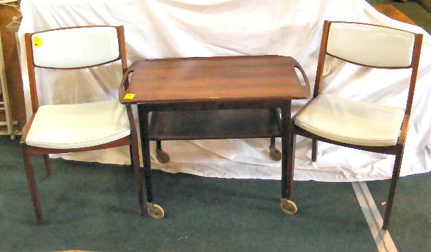 Pair of Danish Modern style side chairs, Gunlocke: Pair of Danish Modern style side chairs, Gunlocke Chair Co. & rosewood tea cart w/ removable tray top.