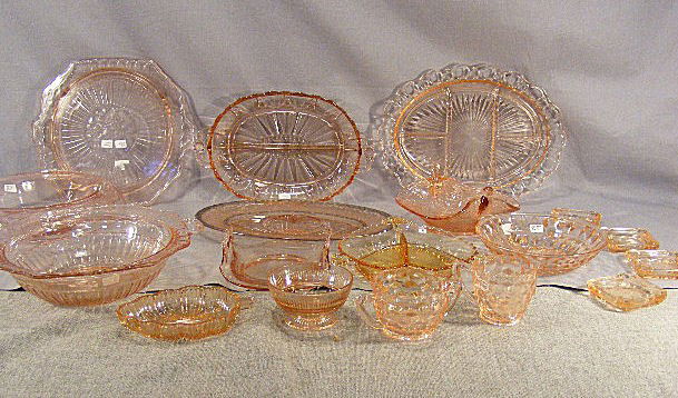 Lot of pink depression glass, trays, dishes, crea: Lot of pink depression glass, trays, dishes, creamer & sugar, etc.