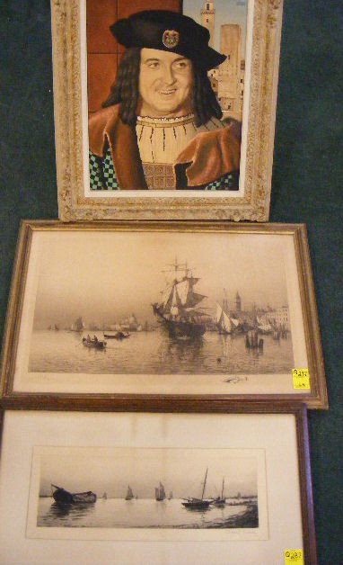 3pcs. Of art. Ronald McLeod portrait. Pencil sign: 3pcs. Of art. Ronald McLeod portrait. Pencil signed etching L.D. Eldred- ships, 30" x 20.5". Etching pencil signed Theodore Manly (?) ships, 16" x 28"