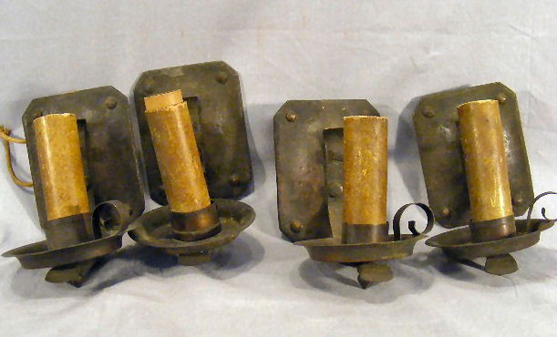 Arts & Crafts iron electric candle sconces, impress: Arts & Crafts iron electric candle sconces, impressed 218 on back, coppered patina," hammered" cast back plates