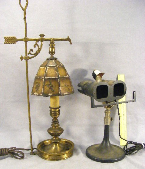 Brass lamp with mica shade (peeling paint) together: Brass lamp with mica shade (peeling paint) together with Keystone electric stereo viewer, as is