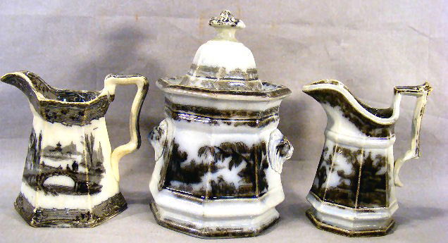 Mulberry covered sugar bowl and two cream pitchers: Mulberry covered sugar bowl and two cream pitchers, non matching, chips to interior rim of sugar bowl, glaze rubs on one creamer