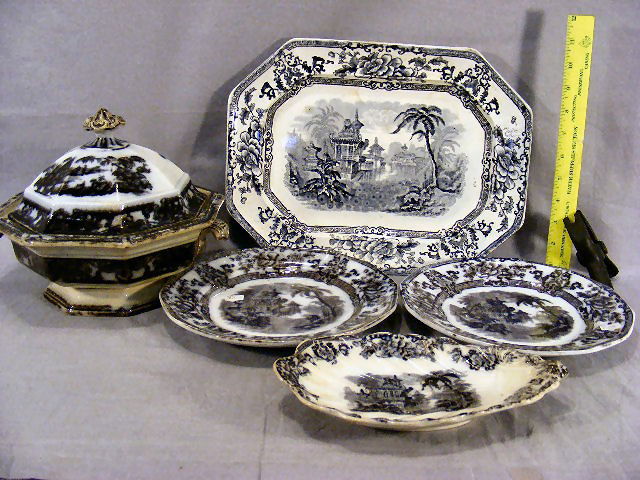 Lot of Davenport Cypress mulberry including 2 - 9.: Lot of Davenport Cypress mulberry including 2 - 9.25" plates, scalloped dish, platter 13.5" X 10.25" together with covered vegetable bowl stained & lines.