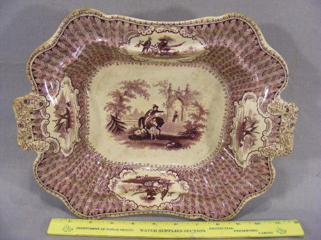 Podmore & Walker light mulberry open bowl Olympa p: Podmore & Walker light mulberry open bowl Olympa pattern, 12.25" X 10", staining