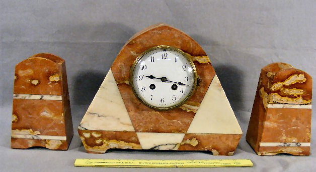 French Art Deco marble clock set, Marti movement,: French Art Deco marble clock set, Marti movement, small chip on rear top of clock case, one piece of vase glued back in place, some tight hairlines