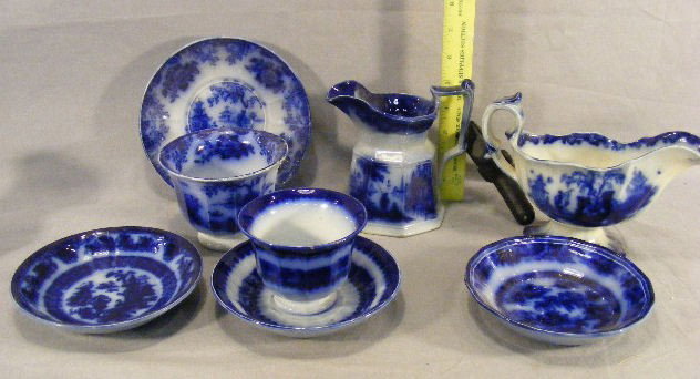 Lot of flow blue china, handless cup & saucer, sau: Lot of flow blue china, handless cup & saucer, saucers, Scinde gravy boat, Shanghai large handless cup & saucer, some small flakes