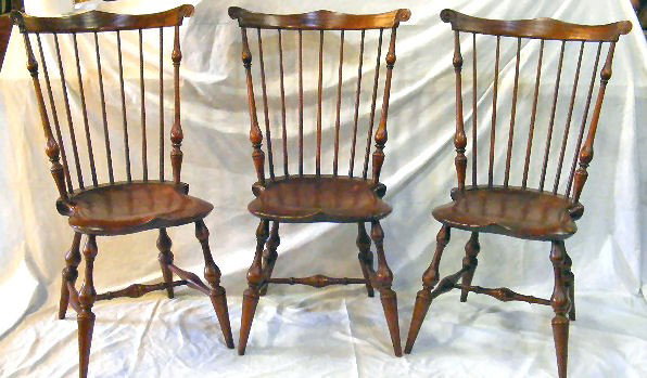 Three D.R. Dimes high back Windsor chairs, origina: Three D.R. Dimes high back Windsor chairs, original finish, saddle seats, 38" high