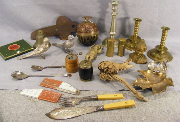 Misc. lot including brass & pewter candleholders,: Misc. lot including brass & pewter candleholders, pepper mills, bells, fish serving set, Graham bronze leaf dish, etc.
