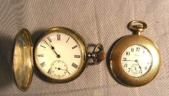 2 pocket watches. English sterling cased pocket w: 2 pocket watches. English sterling cased pocket watch, (not working), English hall marks, engraved inside: Maker to the Royal Observatory John Bennett, London. Gold plated Elgin pocket watch (runs), 1