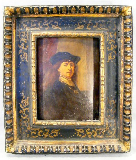 Antique old master painting on board, Rembrandt s: Antique old master painting on board, Rembrandt self portrait. Painting measures 7.5" x 10" over all size is 15" x 18". Board is curved with age & worm tunnels in back, crackling in paint. Damage to f