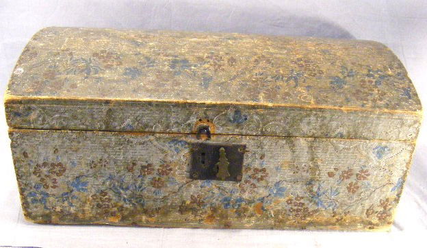 Antique wallpapered dome top trunk. 24" long x 10: Antique wallpapered dome top trunk. 24" long x 10" tall x 13" deep. No key, scratches, scuffs & wear, etc.