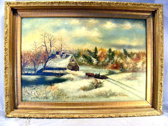 Large primitive oil painting on canvas, winter sc: Large primitive oil painting on canvas, winter scene, oxen pulling logging sled, signed A. Hesston (?) 1888. Three punctures in sky. Image size 30" X 20".