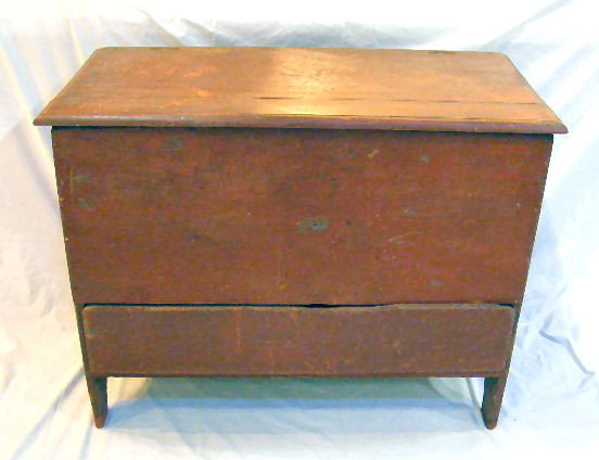 Antique blanket chest, red paint over old blue/gr: Antique blanket chest, red paint over old blue/gray paint, 28" high, 36" long