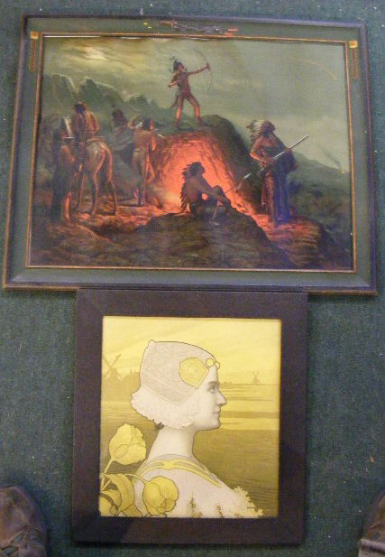 Native American themed print with decorated frame: Native American themed print with decorated frame, 23" X 29" overall, together with Dutch themed print in oak frame 19" X 17.5" overall