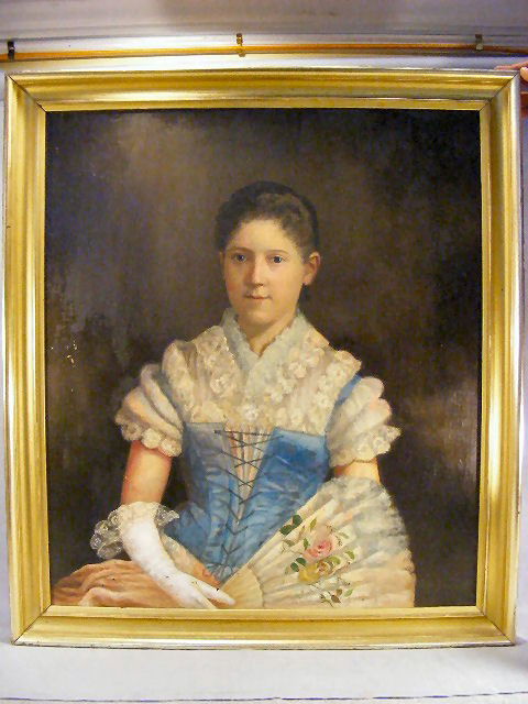 Large oil painting on canvas, portrait of young l: Large oil painting on canvas, portrait of young lady, signed John Trumbull lower right, some paint flaking, lined. Measures 33.5" X 38" framed.