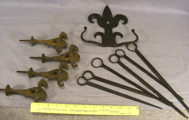 Antique cast brass Griffin curtain tie-backs and : Antique cast brass Griffin curtain tie-backs and antique iron skewer set