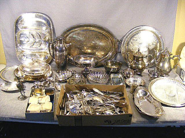 Large lot of silver plate including, tea service,: Large lot of silver plate including, tea service, trays, flatware, serving pieces, bowls, dishes, trays, candle holders, etc.