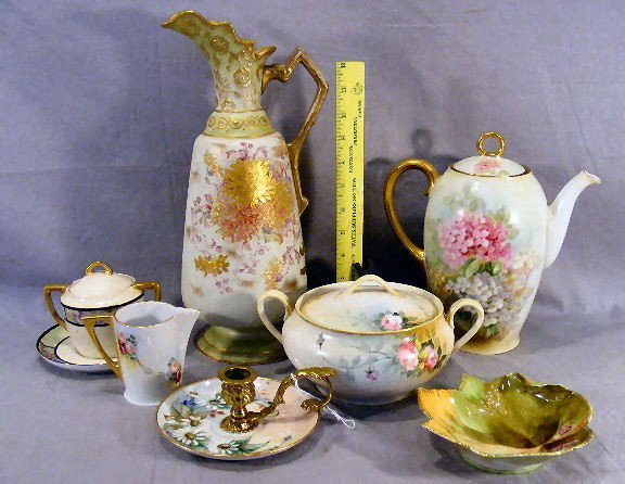 Lot of hand painted porcelain including Thomas te: Lot of hand painted porcelain including Thomas teapot, English ewer, Nippon covered jar, etc.