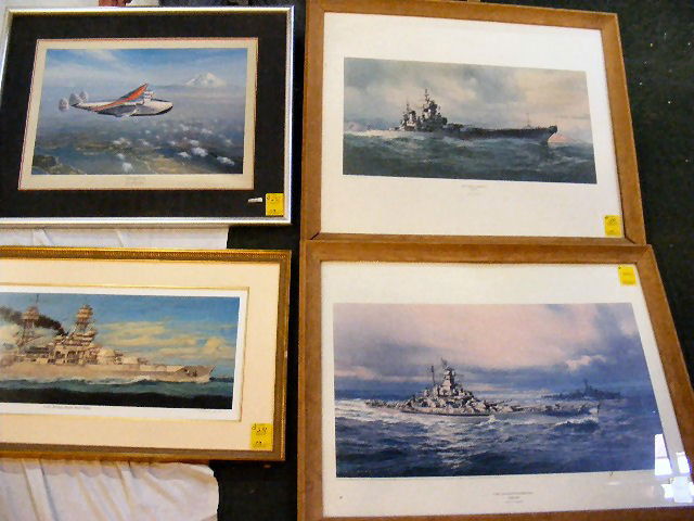 4 military prints, USS Arizona Mural print, pen s: 4 military prints, USS Arizona Mural print, pen signed 634/ 1500 John Charles Roach. 1969 USS New Jersey, 1972 USS Massachusetts & 1988 Two Majesties 213/ 650 pencil signed John Young (?).