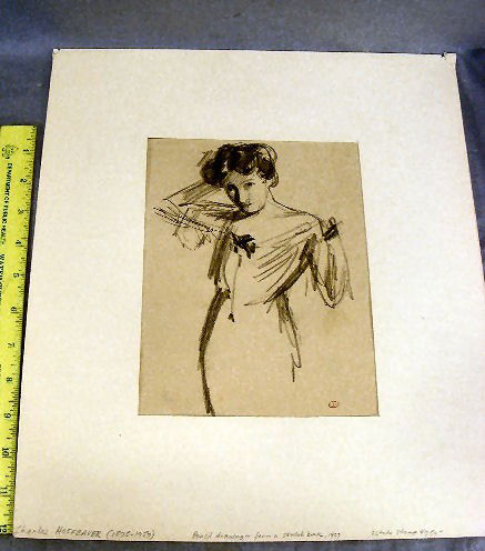 Charles Hoffbauer pencil drawing of a lady, from: Charles Hoffbauer pencil drawing of a lady, from a sketch book, 1907, w/ estate stamp.