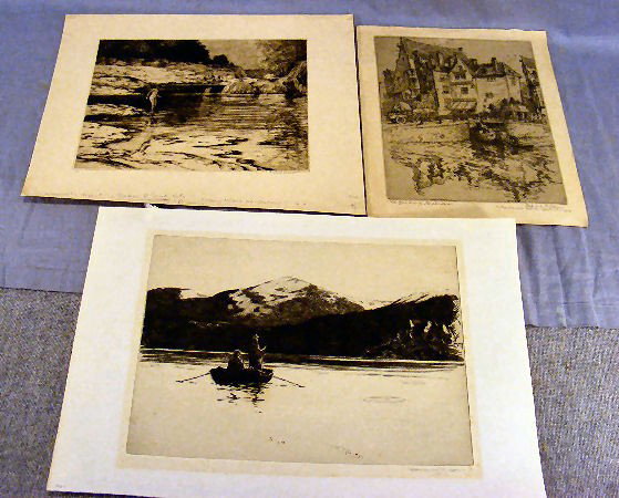 3 unframed engravings, Norman Wilkinson (fishing : 3 unframed engravings, Norman Wilkinson (fishing in lake), Frederick Robbins (Old Grimburg, Amsterdam), and Robert Nisbet Surprised (nude in river).